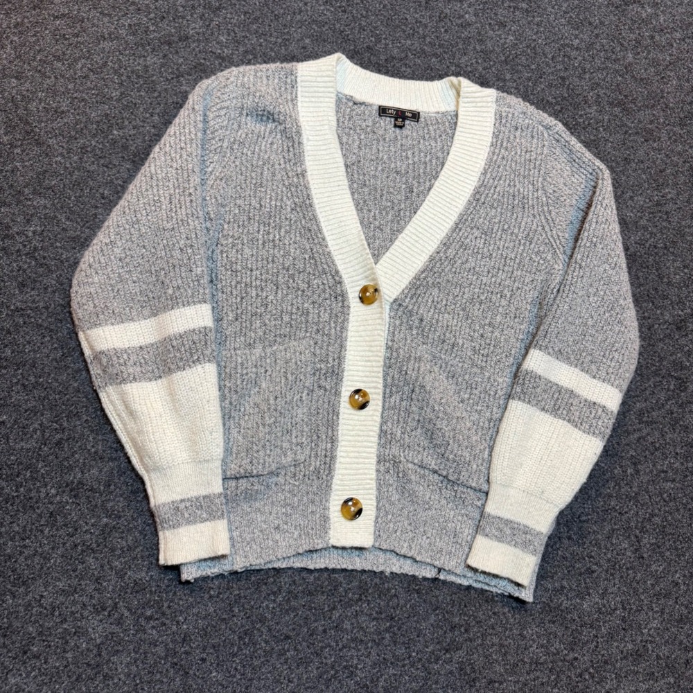 Lety & Me Grey Cream Varsity Stripe Button Front Knit Cardigan Sweater Small